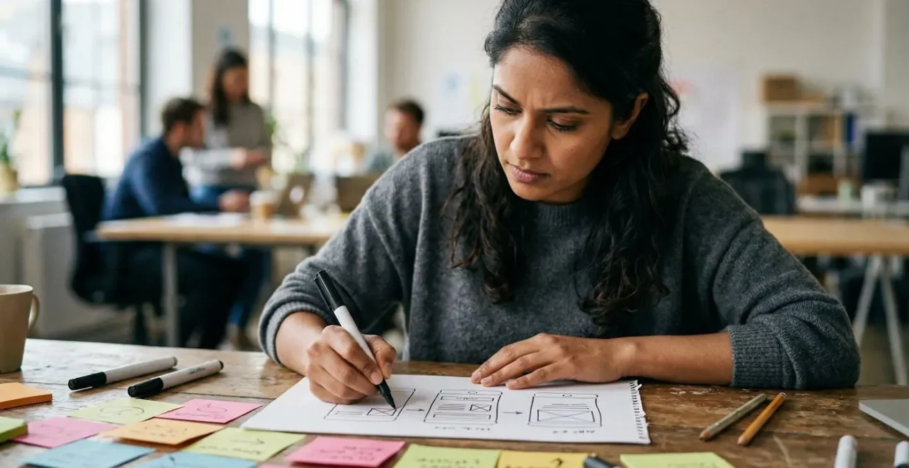 Équipe de startup travaillant intensément sur un prototype pendant un sprint de validation.