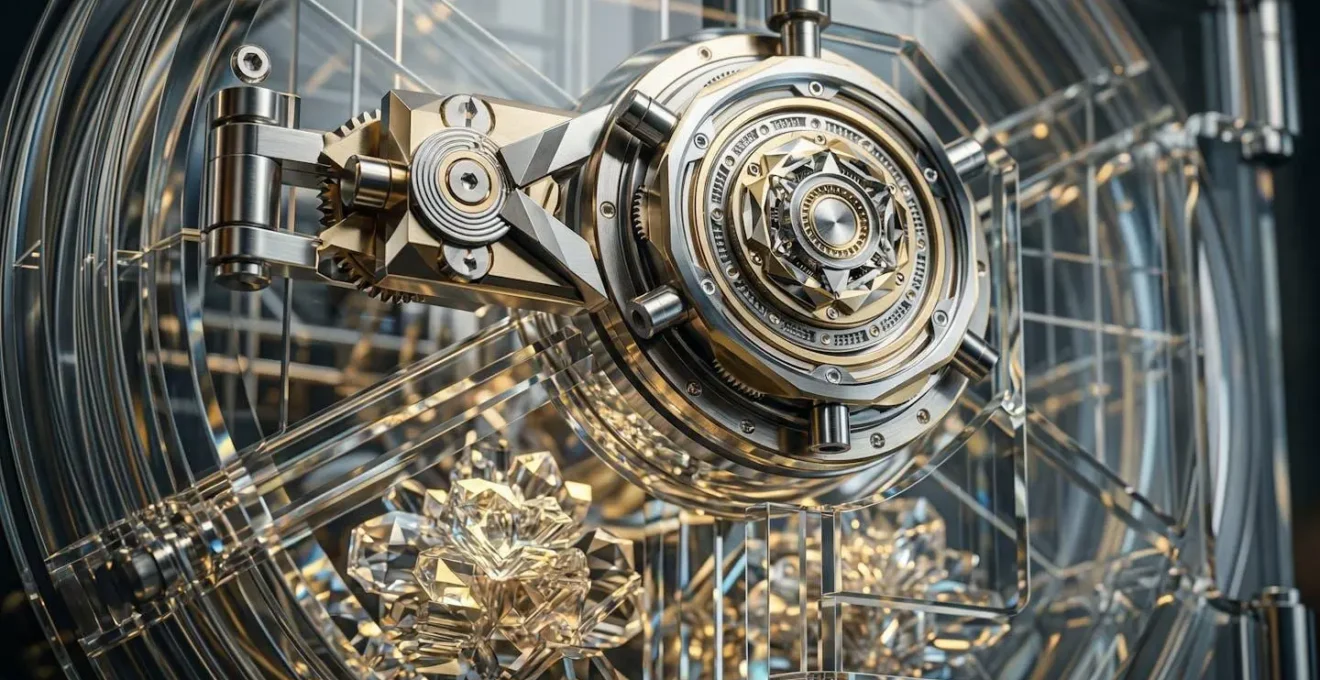 Coffre-fort moderne en verre transparent montrant des structures géométriques représentant l'accumulation de capital