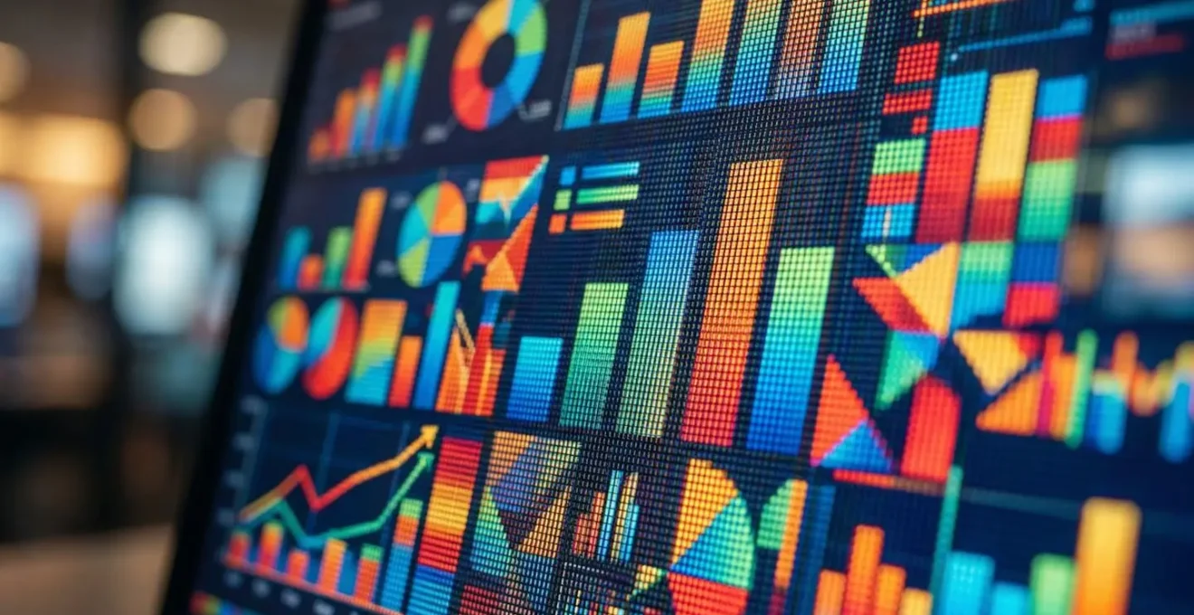 Vue macro détaillée d'un dashboard analytique avec graphiques colorés et indicateurs de performance