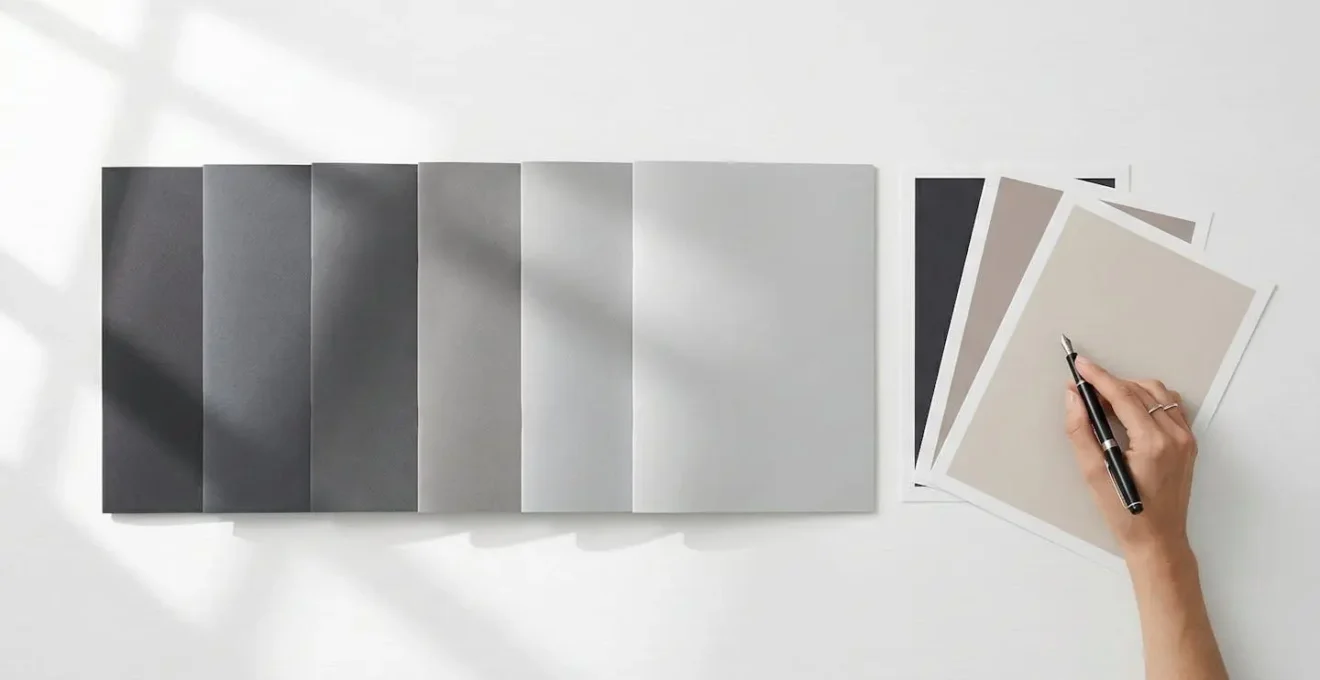 Vue aérienne minimaliste de documents organisés sur bureau moderne avec ombres géométriques