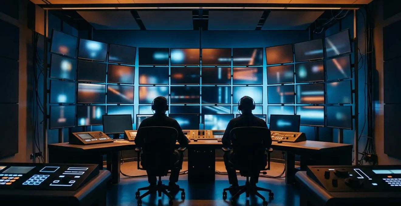Centre de contrôle logistique avec écrans de monitoring et graphiques de prévision