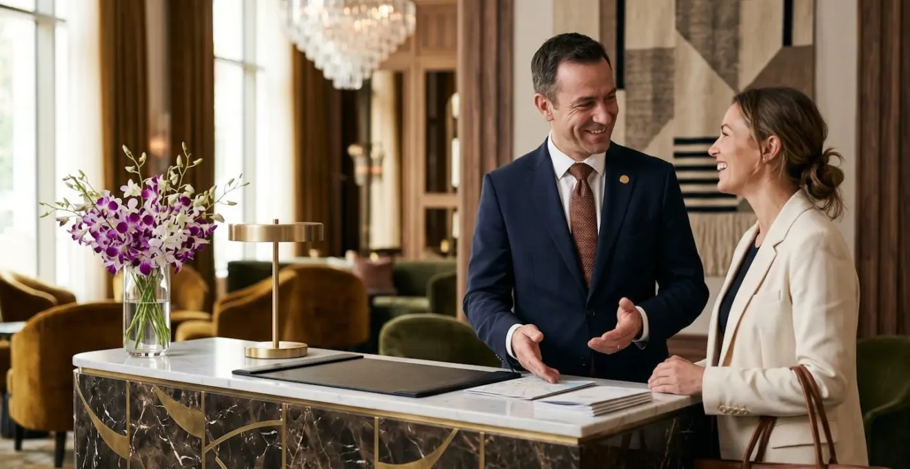 Service client premium illustré par une scène de conciergerie de luxe