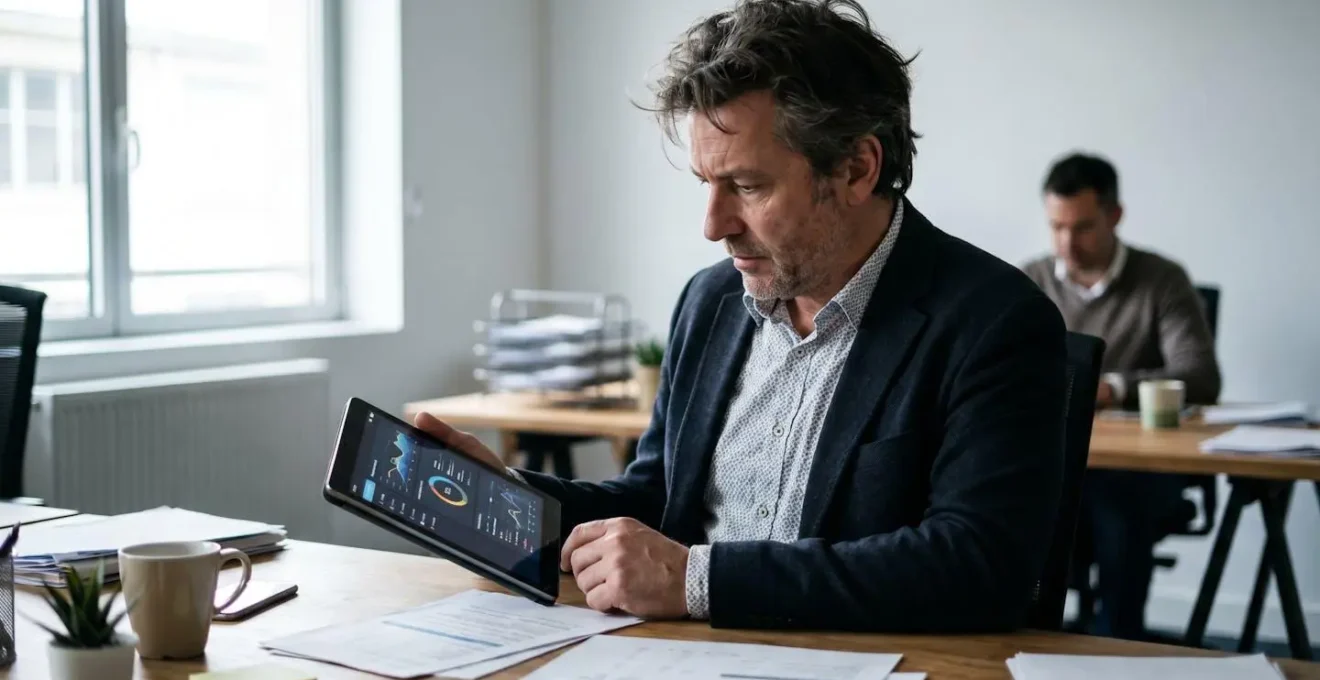 Manager consultant un tableau de bord sur tablette dans un bureau contemporain avec collègue en arrière-plan
