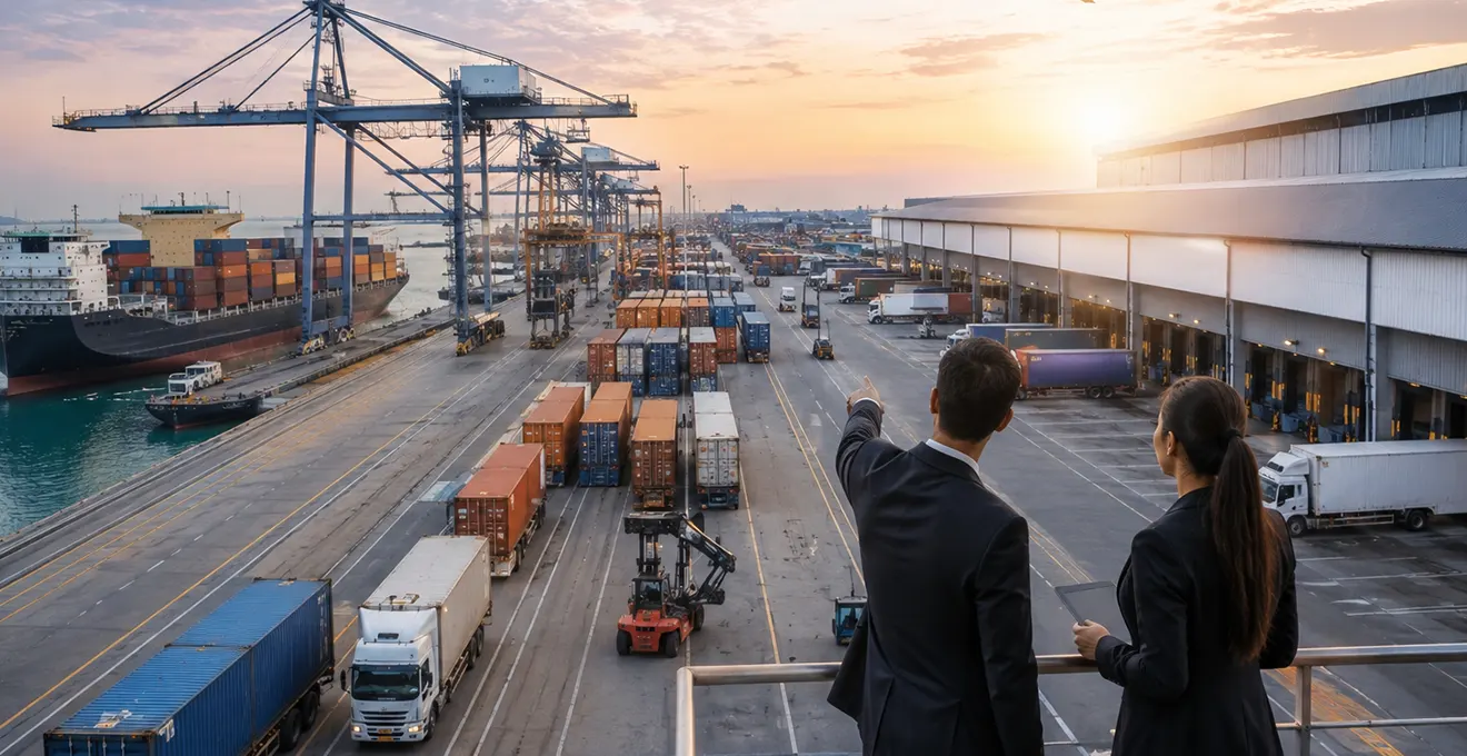 Conteneurs maritimes dans une zone logistique dédiée au commerce international