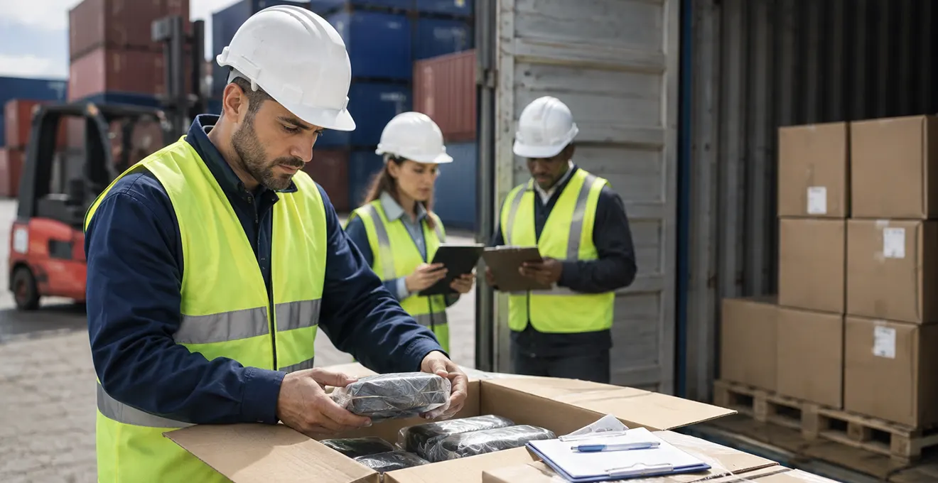 Professionnel effectuant un contrôle qualité sur des produits destinés à l'exportation