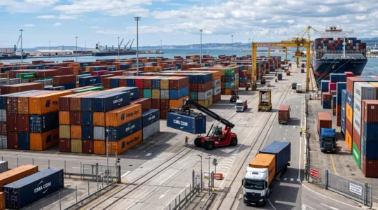 Préparation de marchandises sur palettes dans une zone logistique d'export d'une entreprise française