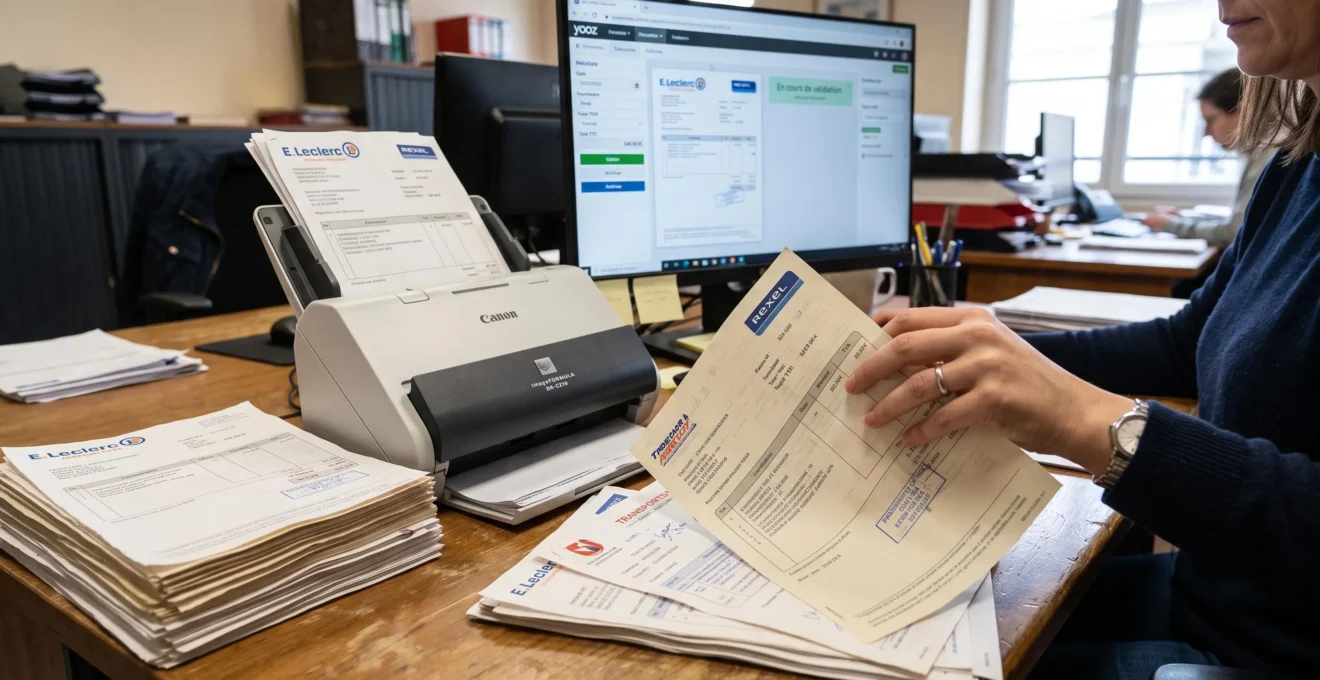 Des mains d'un comptable triant des factures papier à côté d'un scanner, avec un logiciel de gestion documentaire en arrière-plan.