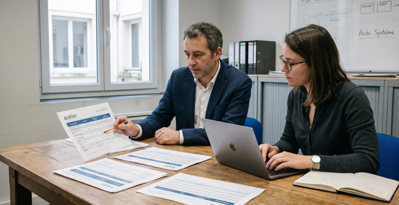 Un dirigeant de PME et un conseiller comparent des documentations de solutions logicielles autour d'une table de réunion.