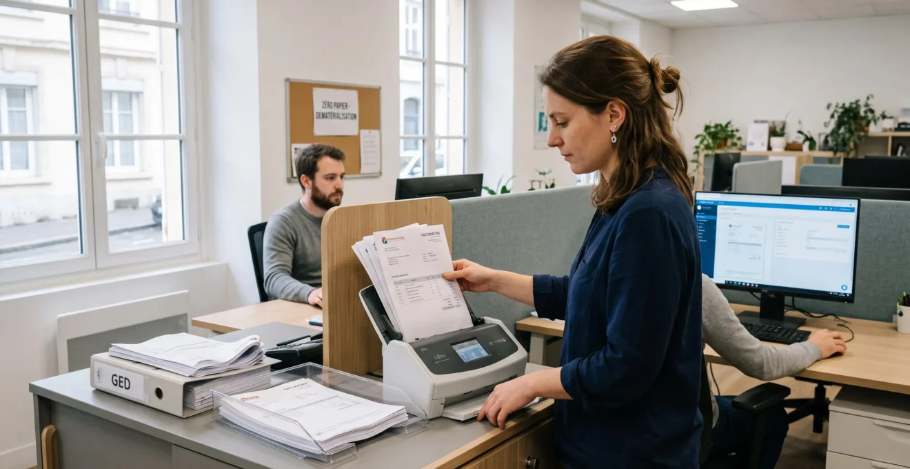 Une responsable de bureau numérise des factures fournisseurs avec un scanner de documents dans un open space de PME.