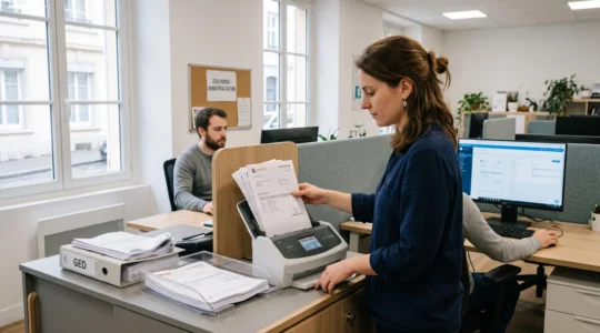 Une responsable de bureau numérise des factures fournisseurs avec un scanner de documents dans un open space de PME.