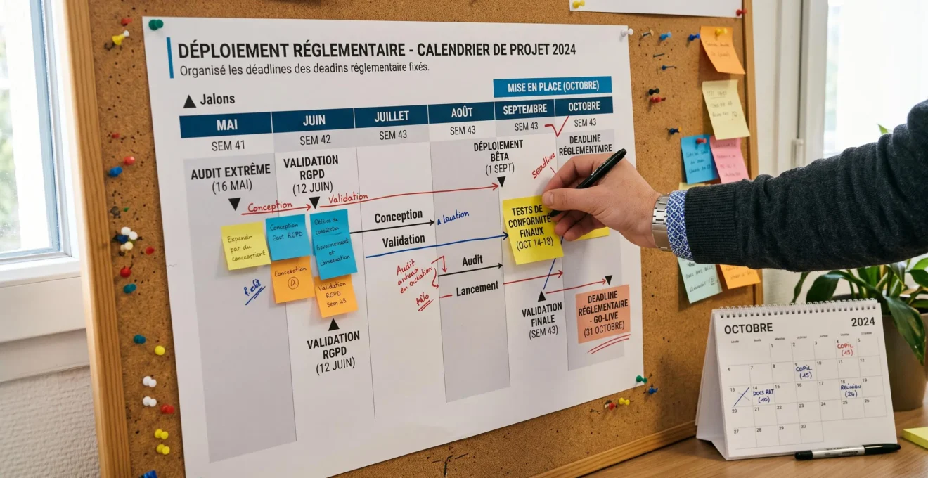 Une main positionnant un post-it sur une frise de projet épinglée avec des jalons datés dans un bureau de PME.